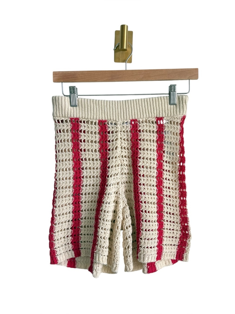 Zara Crochet Knit Pull On Shorts Cream Red Striped Open Knit Women's Small